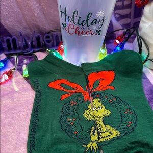 The Grinch Green Wreath, Dr. Seuss Socks With Holiday Cheer Tumbler